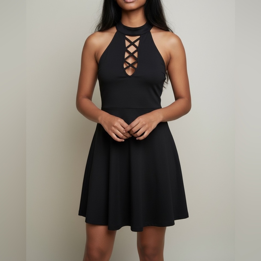 VINTAGE Express crisscross halter skater‎ dress. Crisscross design in front.